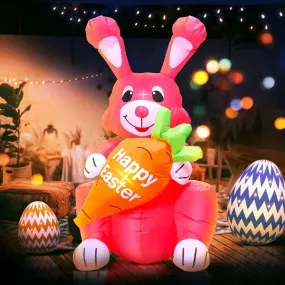 4 Feet Red Bunny with Carrot Happy Easter Inflatable Easter Bunny Blowup Outdoor Toys with Build-in LEDs Yard Lawn Garden Decorations
