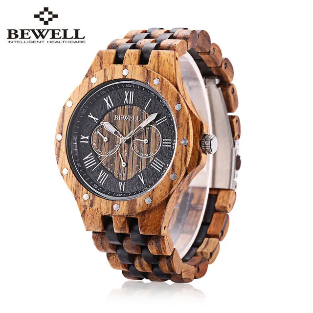 BEWELL ZS - W116C Men Wooden Quartz Watch Roman Numerals Scale Calendar Luminous Wristwatch Relogio Masculino 2018 New
