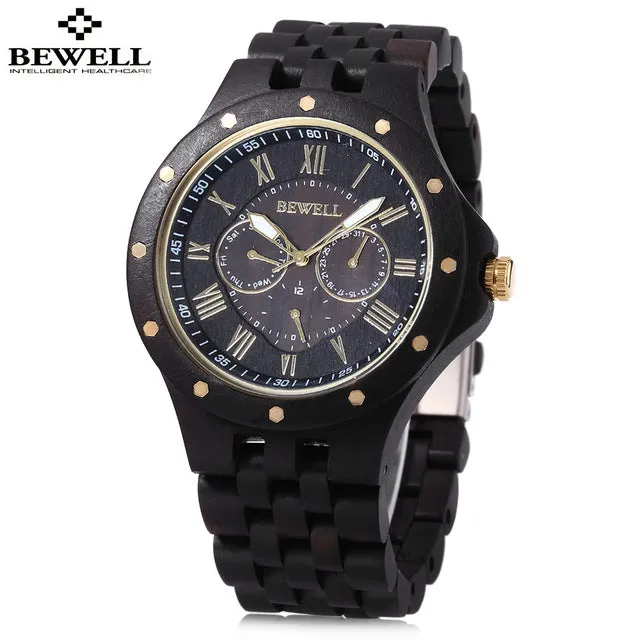 BEWELL ZS - W116C Men Wooden Quartz Watch Roman Numerals Scale Calendar Luminous Wristwatch Relogio Masculino 2018 New