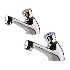 Ergo non concussive twin hot & cold pillar basin taps time adjustable - chrome