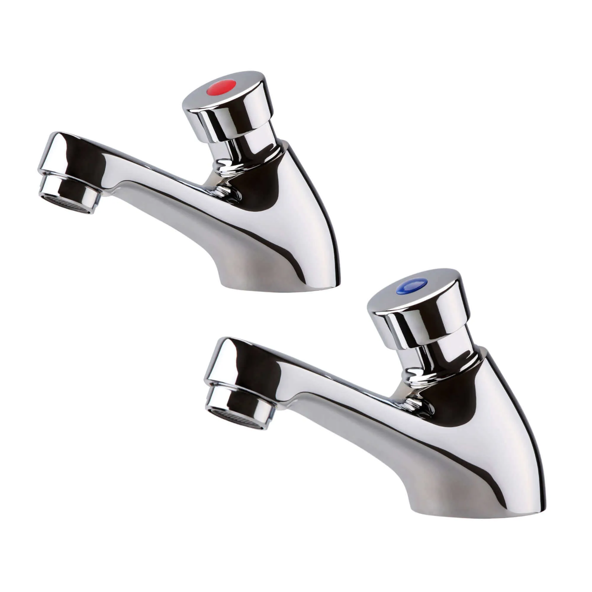 Ergo non concussive twin hot & cold pillar basin taps time adjustable - chrome