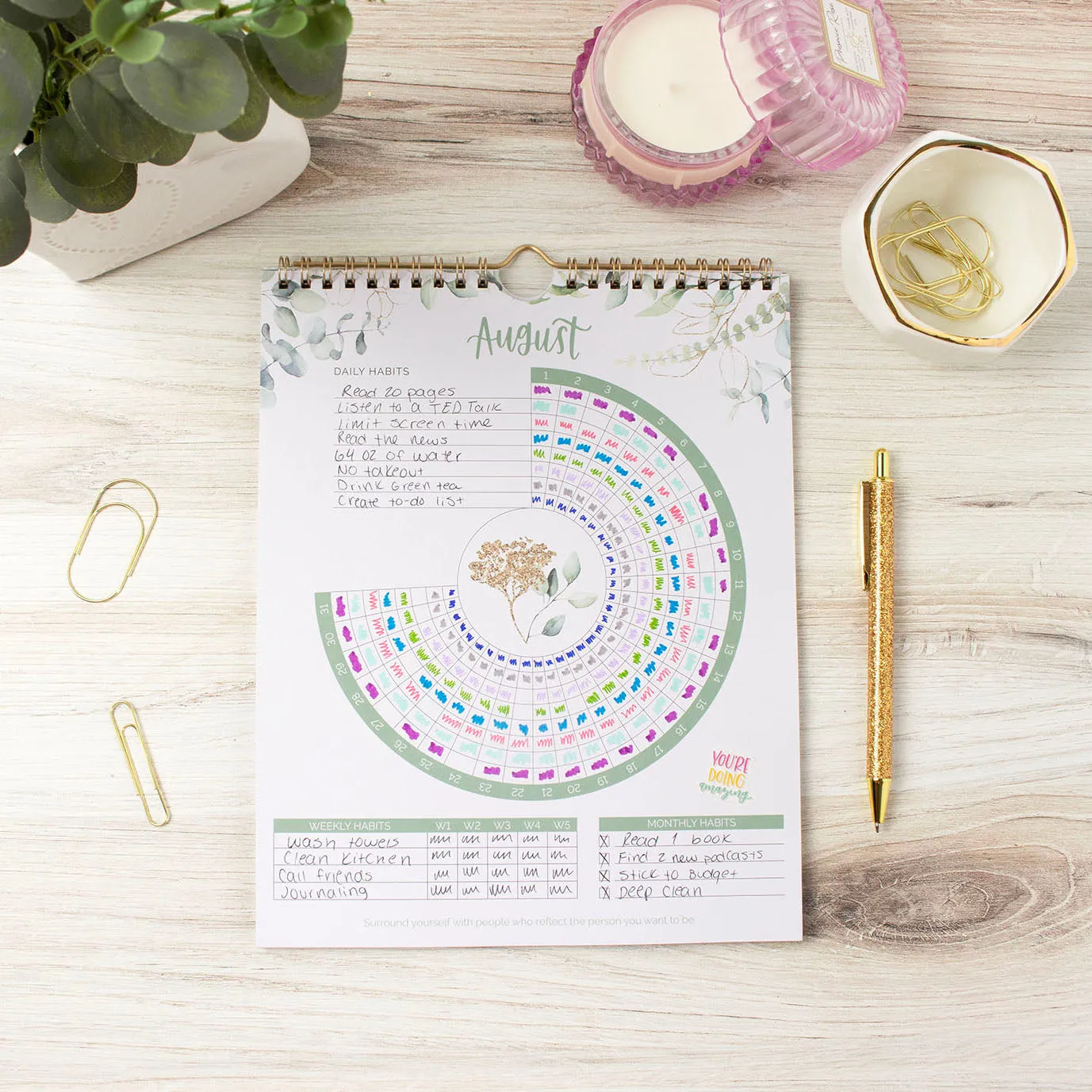 Habit Tracking Calendar, 8” x 10”, Greenery