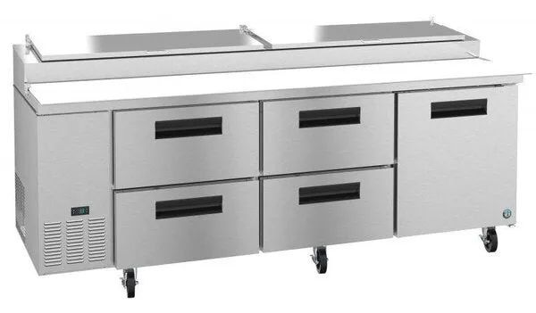 Hoshizaki PR93A-D4 93" Refrigerator Three Section Pizza Prep Table, 4 Drawer and 1 Door