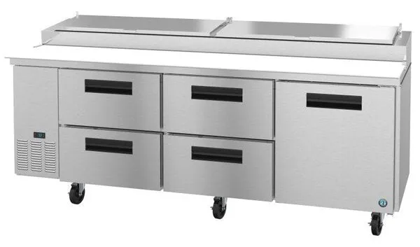 Hoshizaki PR93A-D4 93" Refrigerator Three Section Pizza Prep Table, 4 Drawer and 1 Door