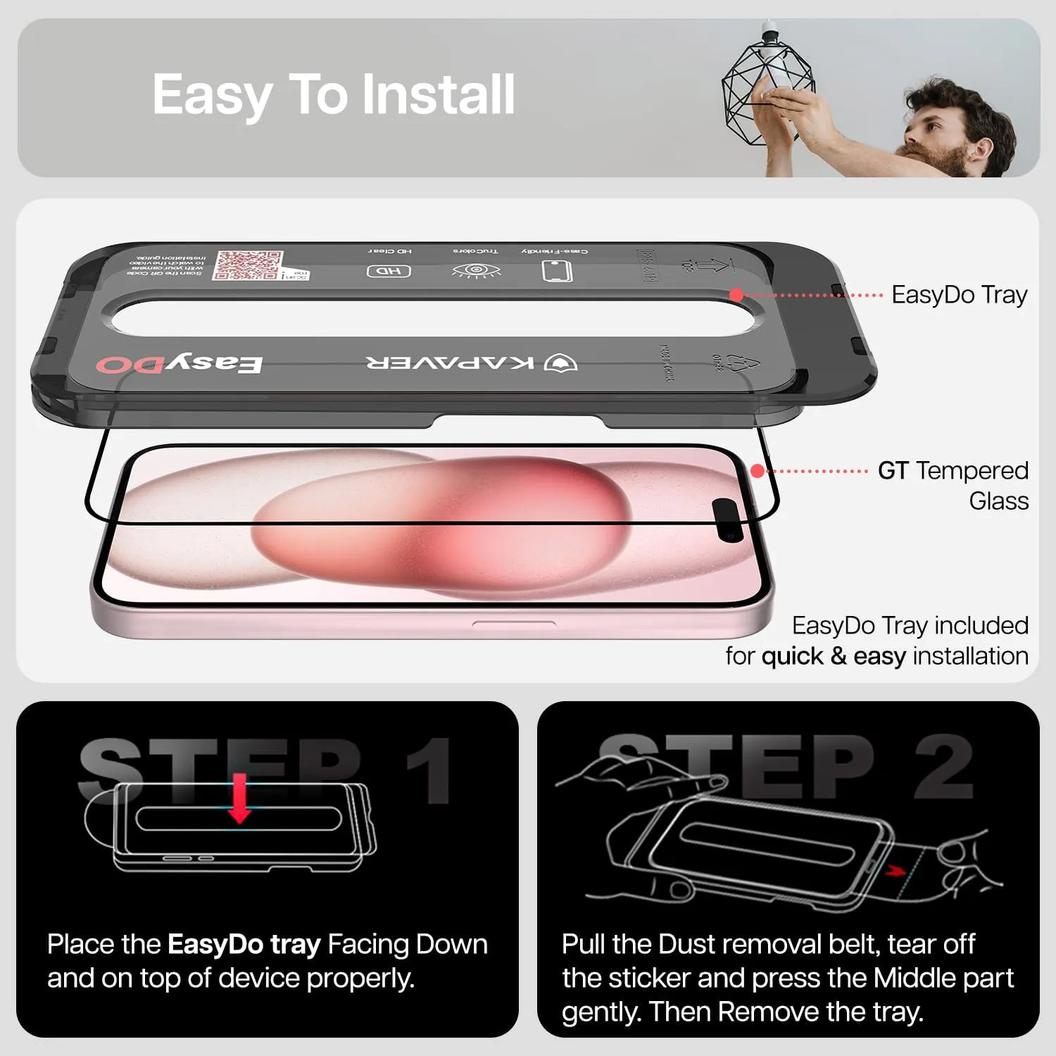 iPhone 15 Easy DO Tempered Glass Screen Protector Guard | GT Series-(3 Clear TG   1 Black Lens Protector)