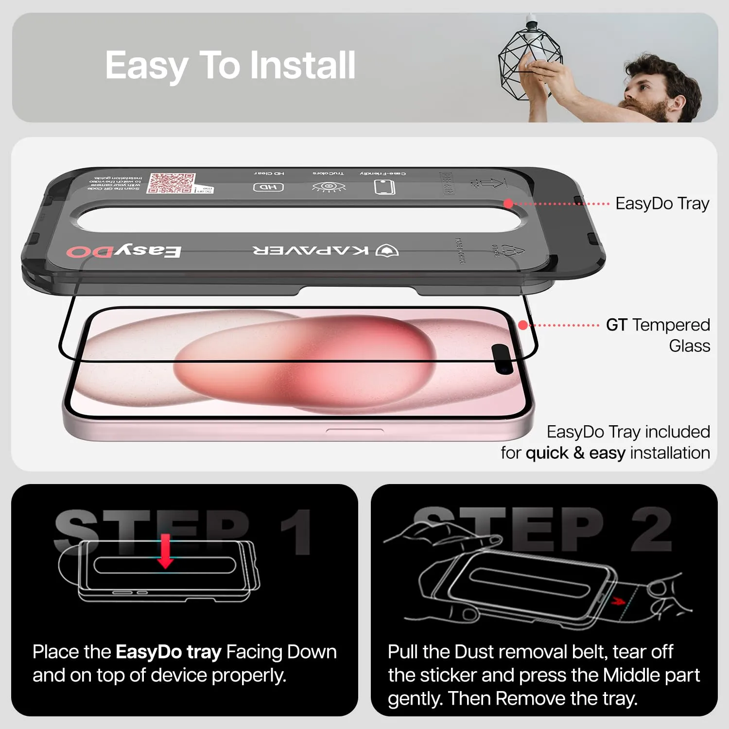 iPhone 15 Easy DO Tempered Glass Screen Protector Guard | GT Series (Clear) - 2 Pack