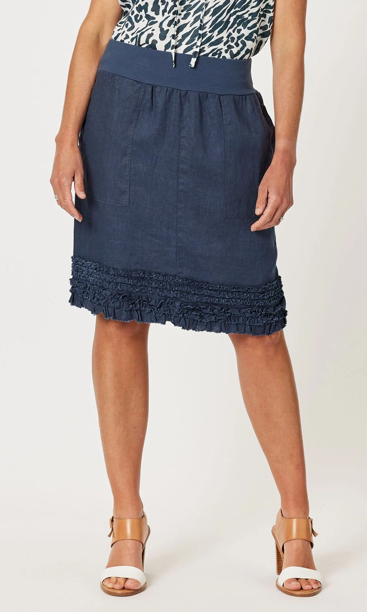 Linen Skirt Jersey Waist Ruffle Hem, More Colours