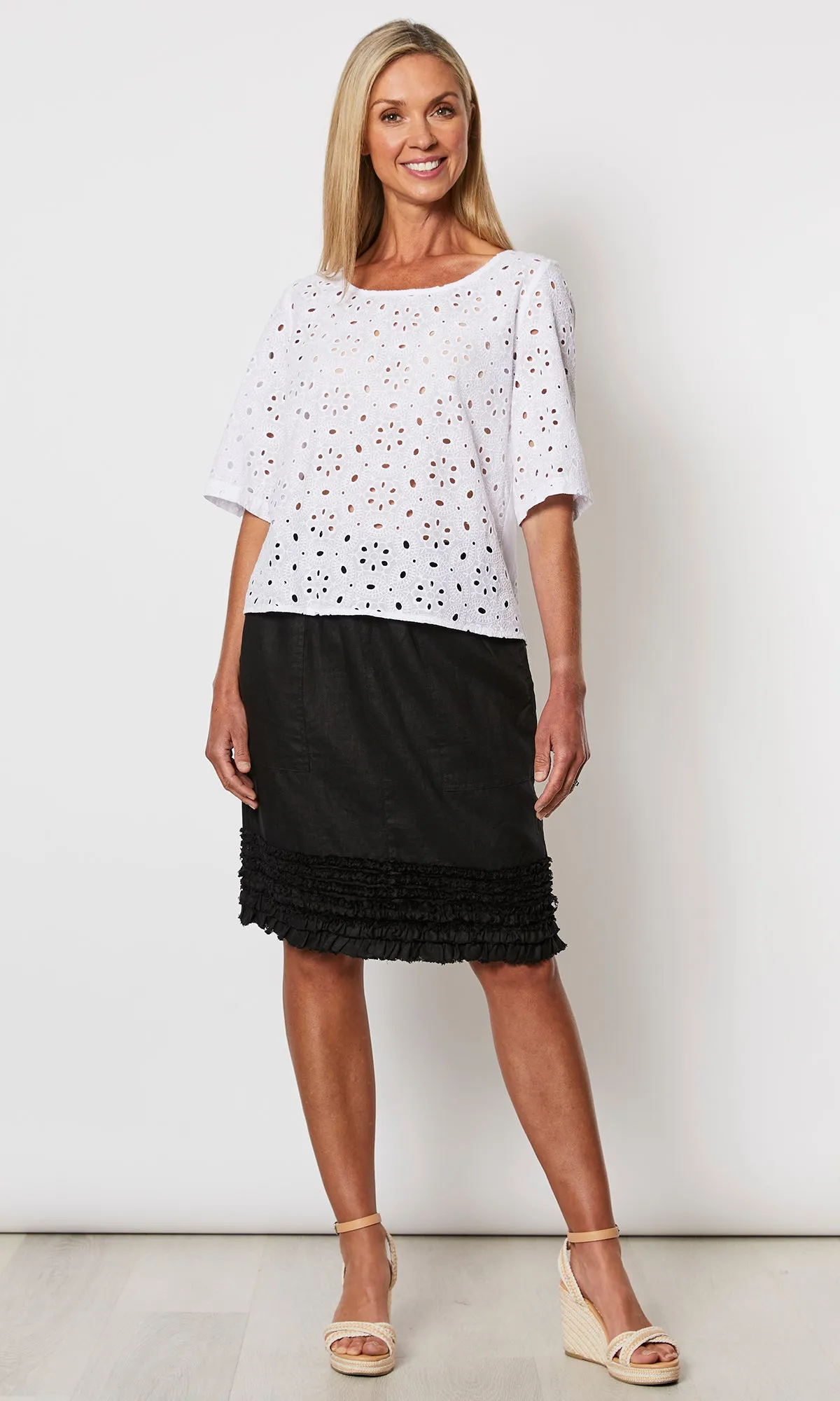 Linen Skirt Jersey Waist Ruffle Hem, More Colours