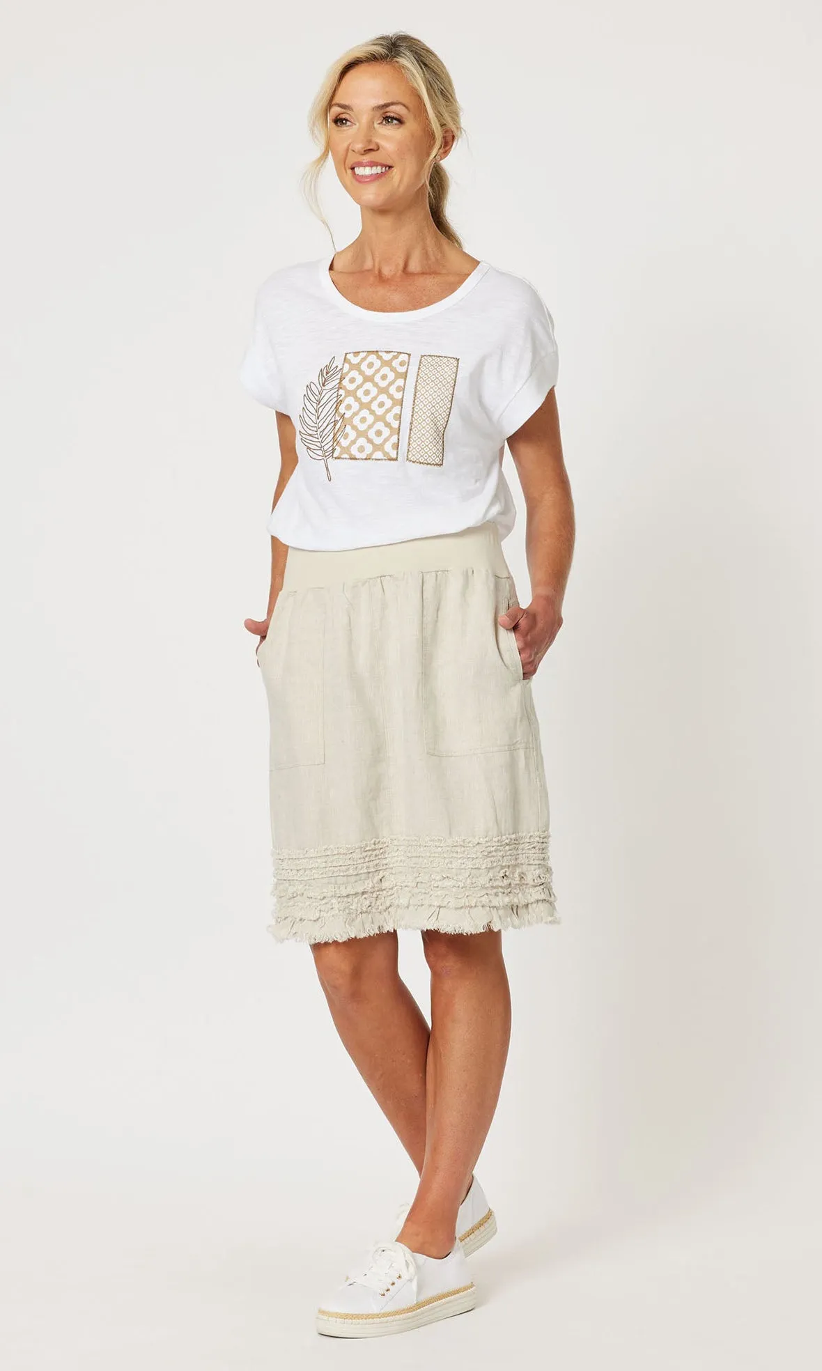 Linen Skirt Jersey Waist Ruffle Hem, More Colours