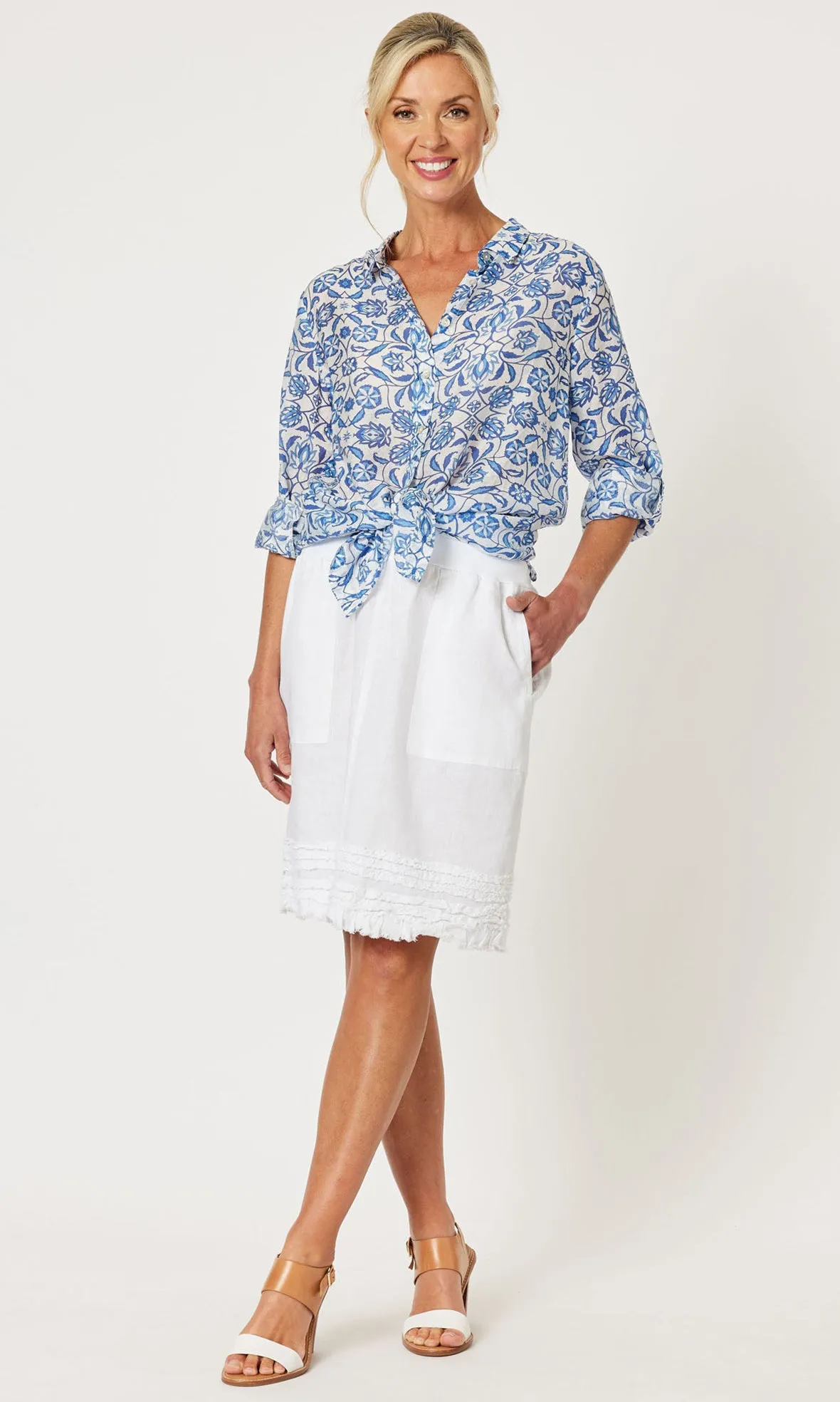 Linen Skirt Jersey Waist Ruffle Hem, More Colours