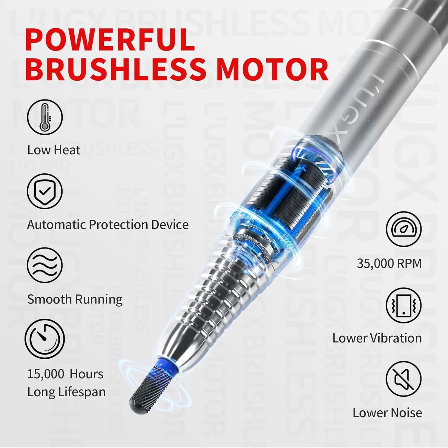 LUGX Brushless E-File/Nail Drill with handpiece stand & premium LUGX drill bit