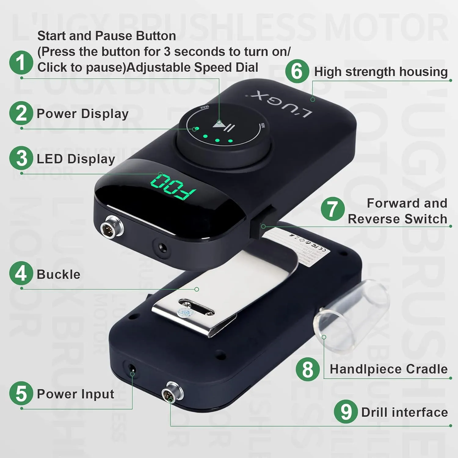 LUGX Brushless E-File/Nail Drill with handpiece stand & premium LUGX drill bit