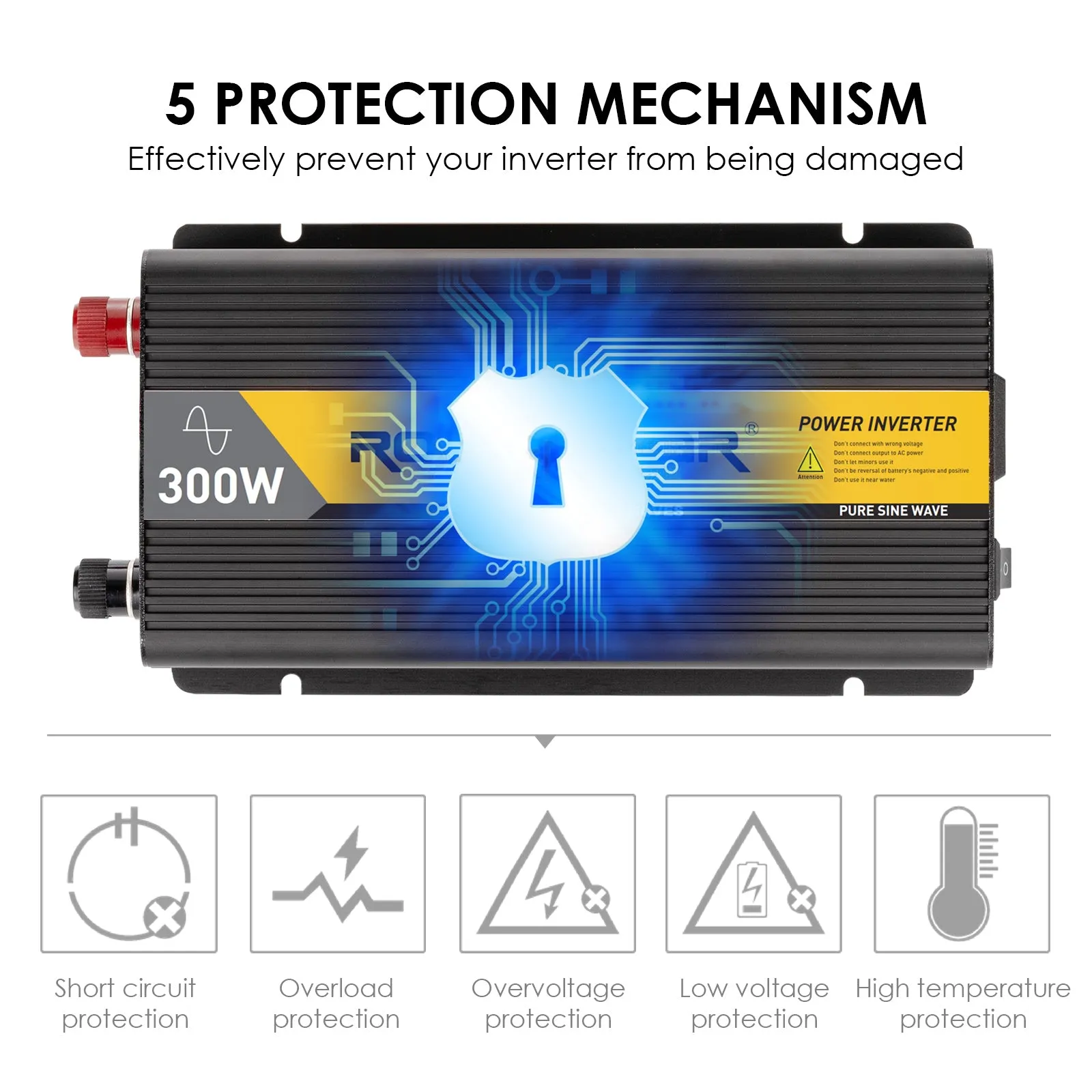 ROCKSOLAR 300W 12V Pure Sine Wave Power Inverter