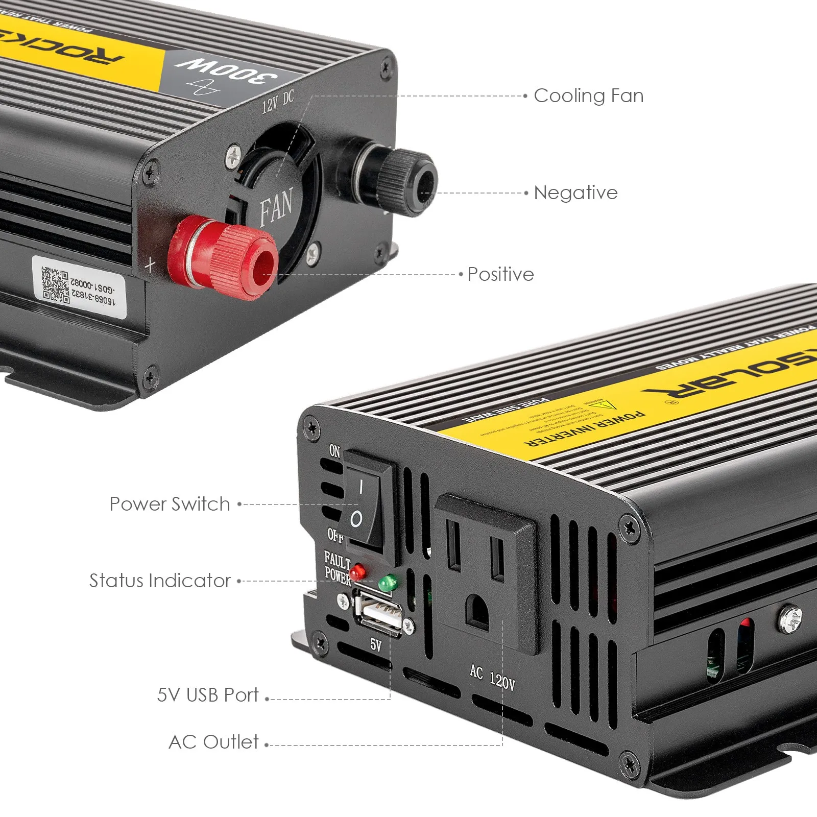 ROCKSOLAR 300W 12V Pure Sine Wave Power Inverter